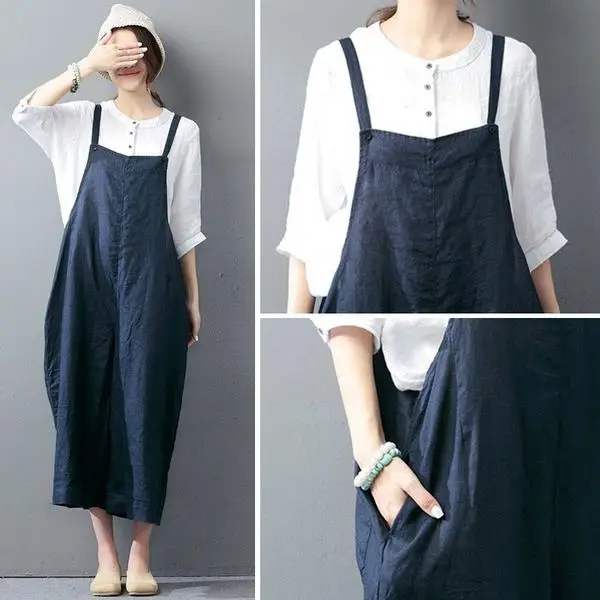 BUYKUD Женские однотонные льняные комбинезоны повседневные больших размеров без