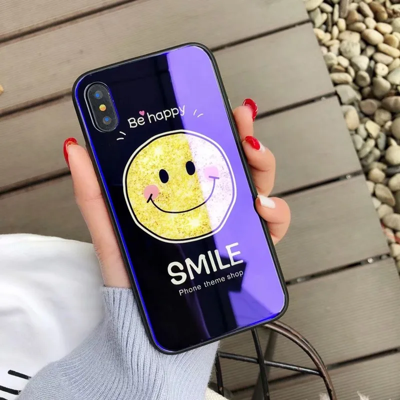 High Quality Blue-Ray Tempered Glass Phone Case For iPhone 8 7 6 6s Plus X XS Max XR Cute Cartoon Smile Face Clear Cover |