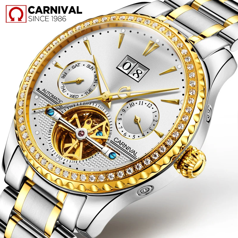 

CARNIVAL 2019 new watch men waterproof Automatic Luminous men watches top brand luxury skeleton clock men leather erkek kol saat