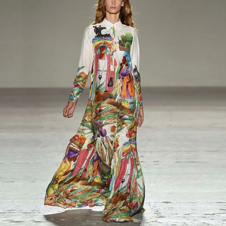 Высокое качество Новая мода подиум Turn Down Воротник Макси Платье женское с длинным