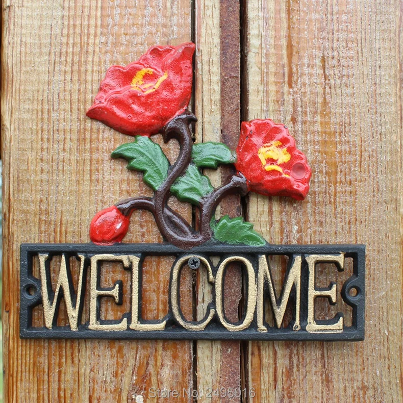 Welcome Garden Plaque Sign Red Flowers Black Cast Iron