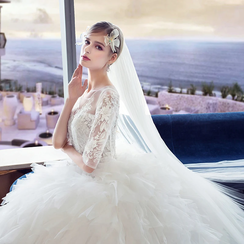 Luxury Ball Gown Wedding Dress Dubai Sexy Illusion Puffy Gowns Half Sleeves Colorful Royal Train Princess | Свадьбы и торжества