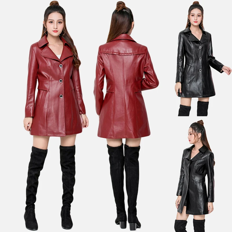 

Pu Leather Slim Motorcycle Jackets 2019 Plus Size Mid-Long Style Solid Red Black Cool Overwear Coat Woman Plus Size 4xl 5xl Coat