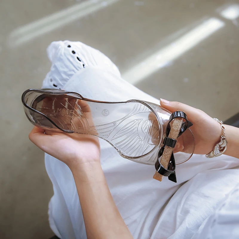Сандалии желе женские прозрачные пляжная обувь на плоской подошве с прозрачным кристаллом без застежки