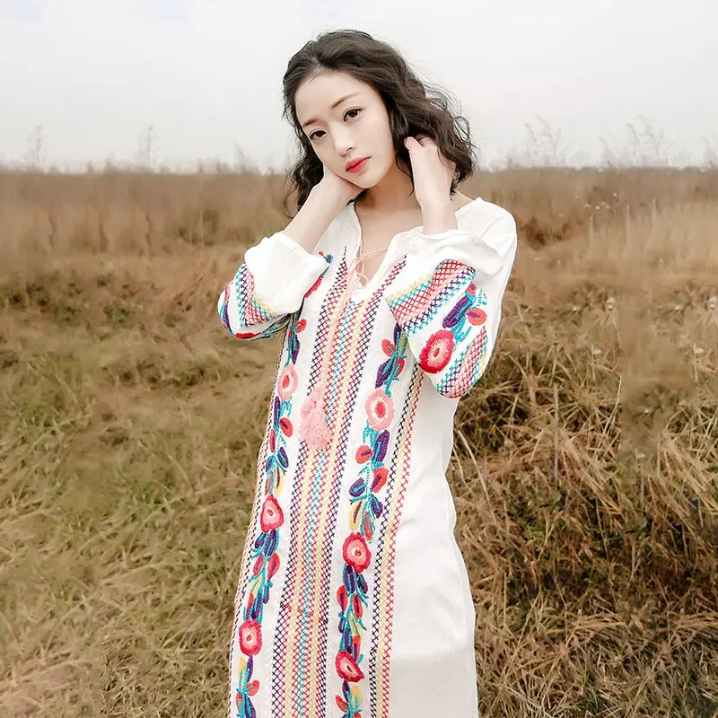 Женское длинное платье макси в стиле ретро летнее пляжное из хлопка и льна бохо