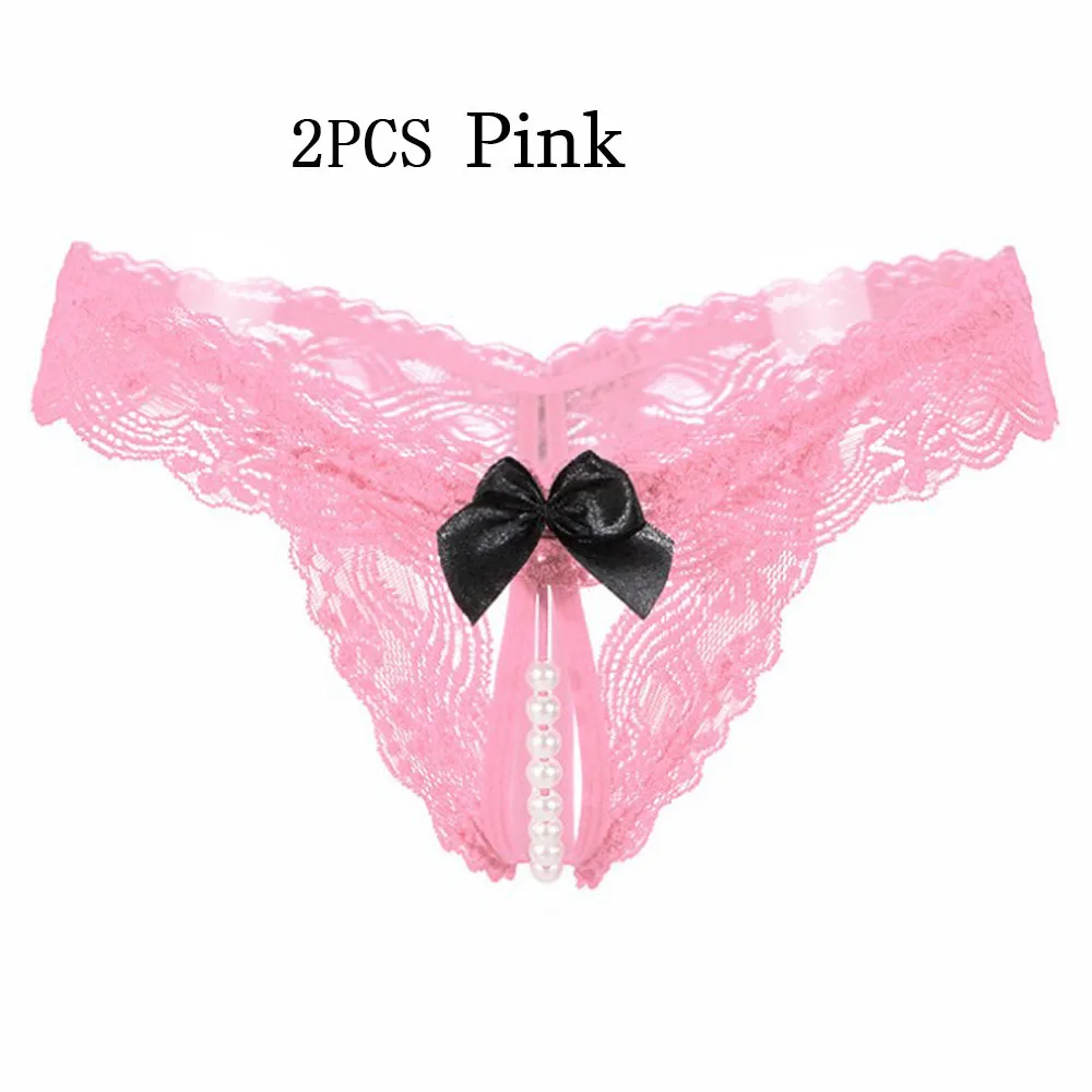 2PCS pink Высококачественные сексуальные женские стринги, женские трусики с жемчужинами, кружевной бант, Эротические трусики, Прозрачное нижнее белье - Цвет: 2PCS pink