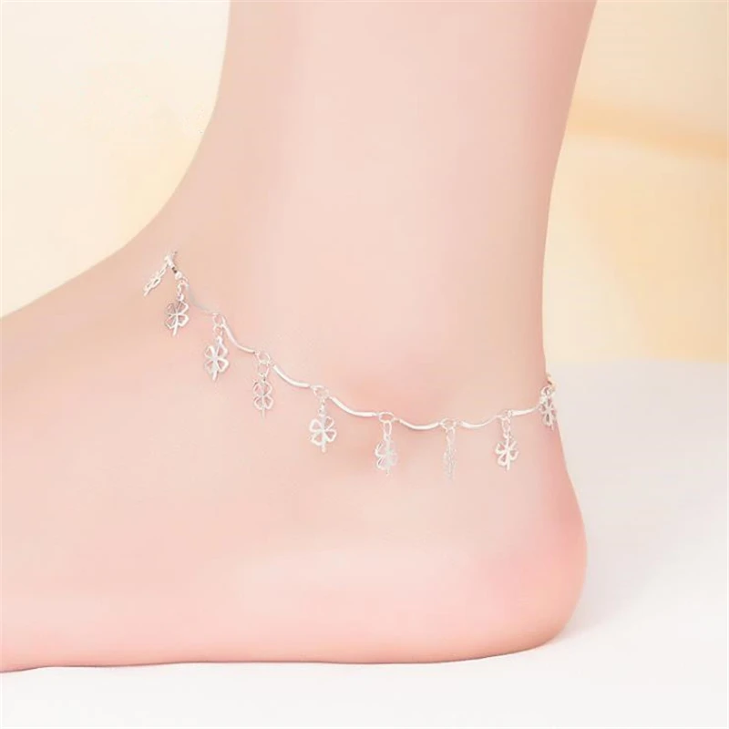 

KOFSAC Summer New Trendy 925 Sterling Silver Ankle Chain Anklets For Women Beach Party Lucky Four Clover Bracelet Foot Jewelry