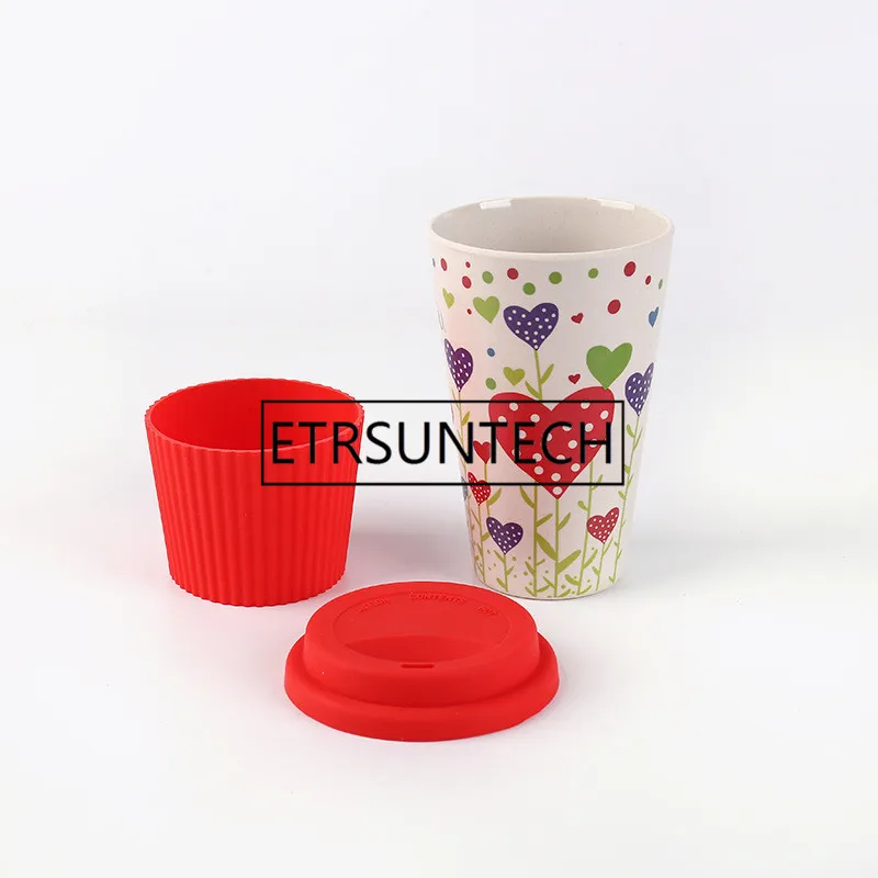 Taza de caf&eacute; de fibra de bamb&uacute; ecol&oacute;gica con tapa de silicona reutilizable y manga para bebidas, regalo de viaje al por mayor, 6 estilos, 60 unids/lote-2