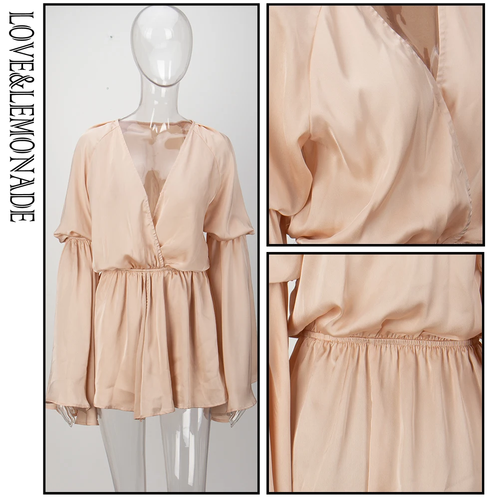 

LOVE & LEMONADE Nude Deep V-neck Trumpet Sleeves Loose Playsuit LM1239