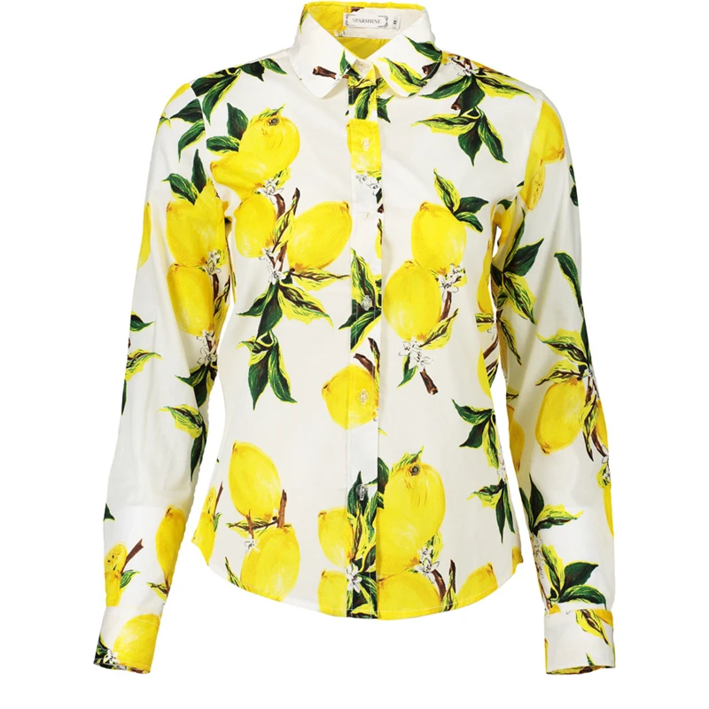 2018 Лето с длинным рукавом Для женщин Туника блузка Лимон Печатных дамские