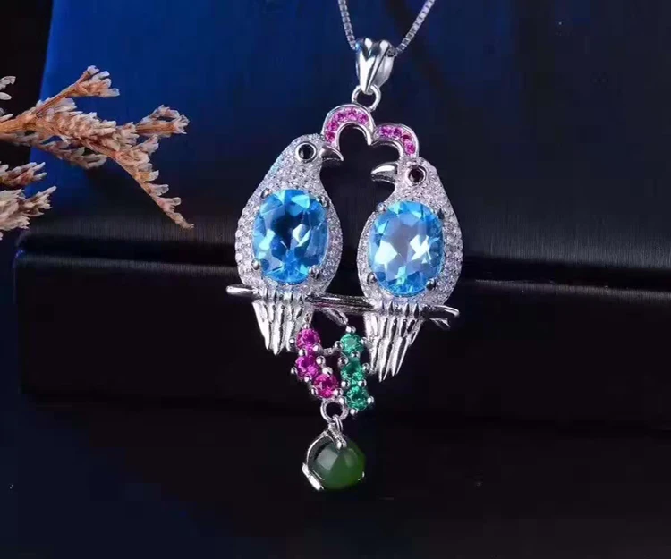 Натуральный голубой топаз драгоценный камень кулон серебро S925 натуральный