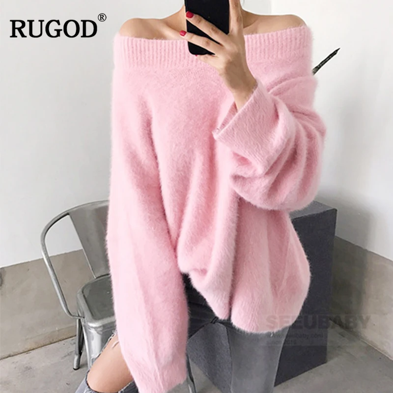 RUGOD 2019 Autumn and winter New White Pink Oversize Loose Slash Neck Hight Street style women sweater Pullovers korean | Женская одежда