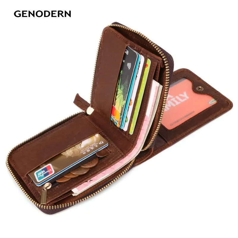 GENODERN из натуральной кожи Для мужчин кошелек с держатель для карт Монета Сумка Винтаж молния мужской кошелек в ретро-стиле для Для мужчин с подарочной упаковкой