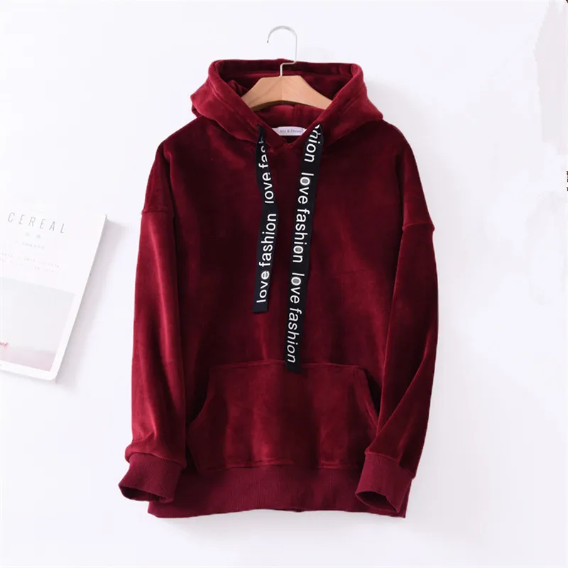 red wine Новинка, модные короткие золотые бархатные толстовки с капюшоном, женские свободные корейские BF куртки, флисовые топы, осенне-зимние пальто X55 - Цвет: red wine