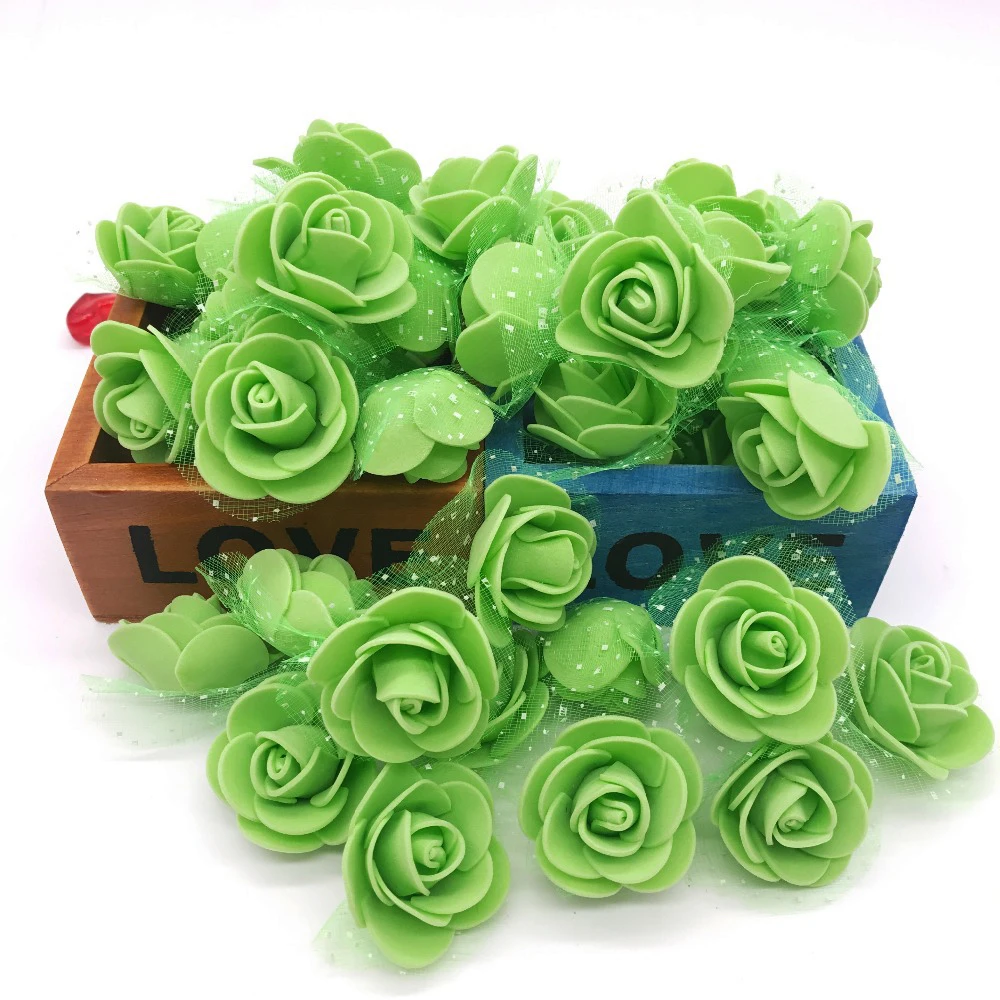 green 100 шт./лот, 2 см, мини-пена, розовая голова, искусственный шелк, цветок, свадебное праздничное украшение, ручная работа, одежда, обувная коробка, аксессуары - Цвет: green
