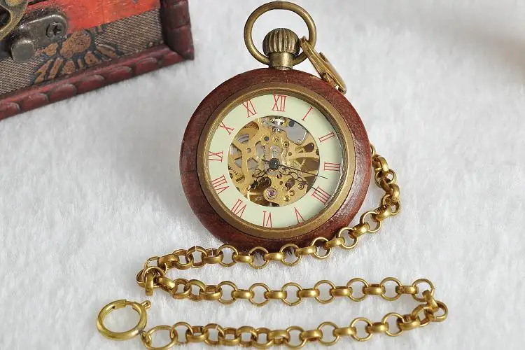 wholesale price good quality antique vintage classic gift for men wood brass case short chain mechanical pocket watch PJX1041 | Наручные