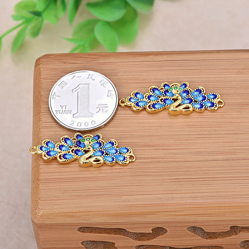 Cloisonne позолоченная Эмаль Синий Павлин узор цветок выдалбливают разъем бисер для изготовления DIY ювелирные аксессуары 37*13 мм 5 шт