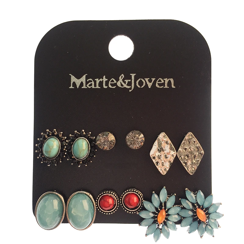 Marte& Joven 6 шт./партия, синий камень, Комплект сережек для женщин, Классический круглый/Овальный/Ромбический серебряный цвет, серьги, аксессуары, подарки