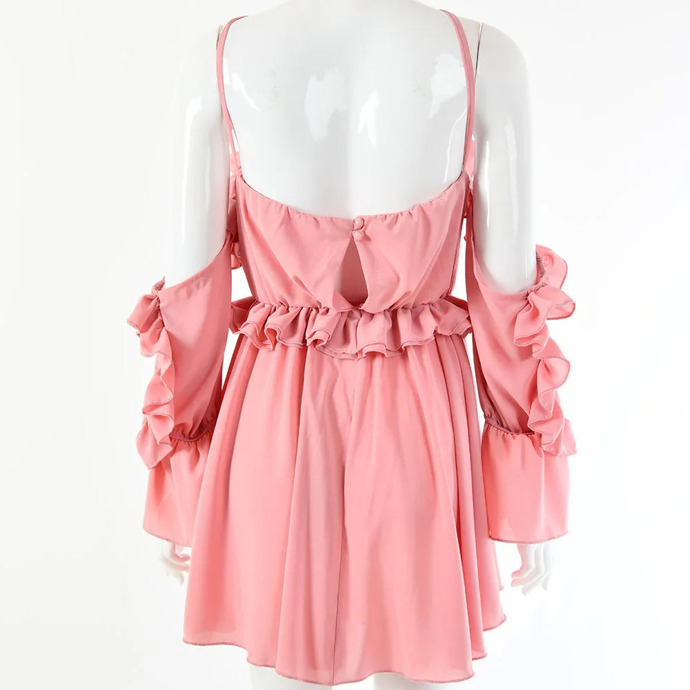 Платье женское розовое шифоновое плиссированное с вырезом на плечах без