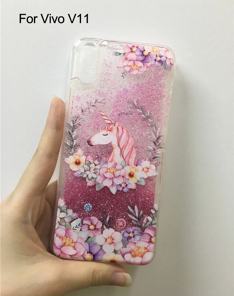 Динамичными плавающими жидкими Единорог цветок чехол для Vivo Y17 S1 Y95 Y91 Y85 Y81 Y71 Y67 Y66 Y53 V11i V11 V17 V15 Pro V9 V5 V7 плюс