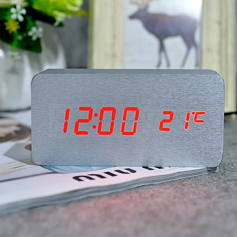sliver red Suncree Деревянный цифровой светодиодный Будильник reloj despertador контроль звука температура электронный стол настольные часы - Цвет: sliver red