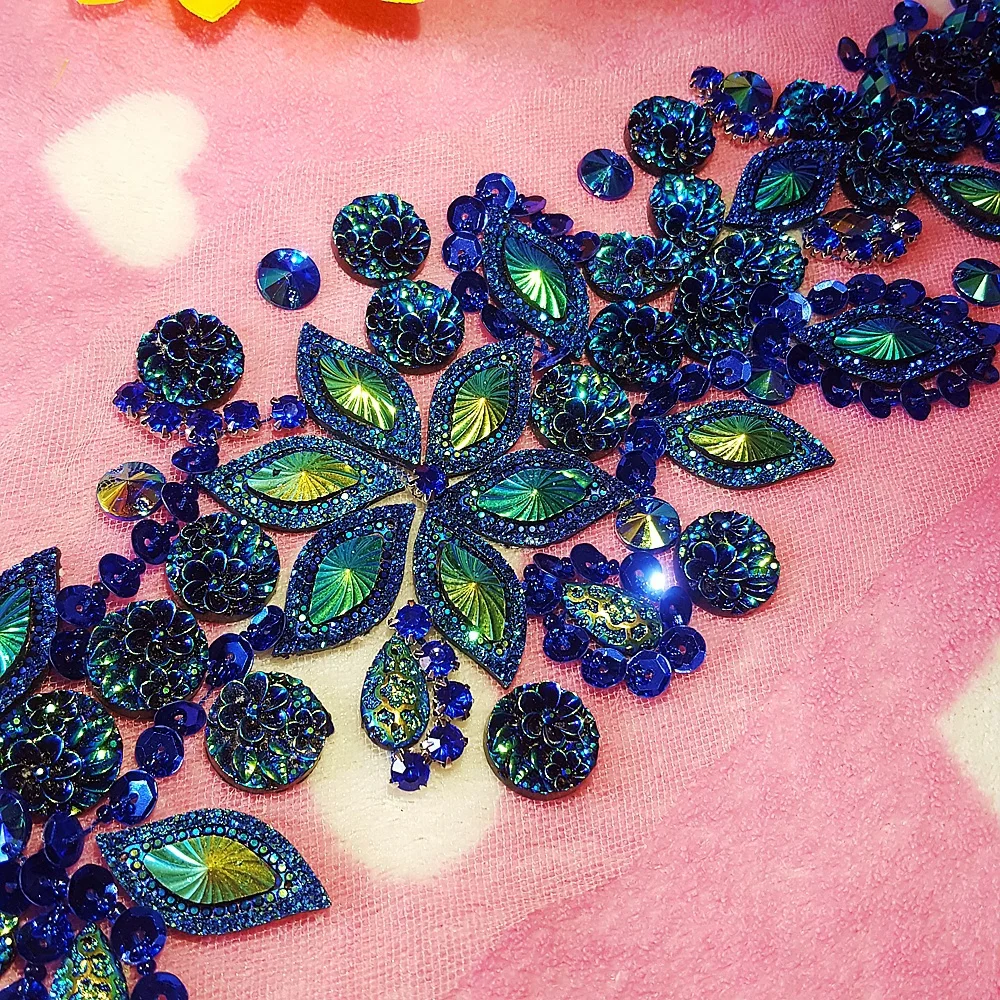 

Handmade Bright Crystal Patches Sew-on Blue Rhinestones Applique Beads DIY for Wedding Dress 10x36cm Belt Waist Decoration