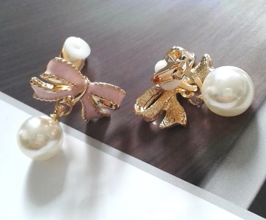 Розовый бант имитация клипсы серьги с жемчугом подкладкой не пирсинг модные