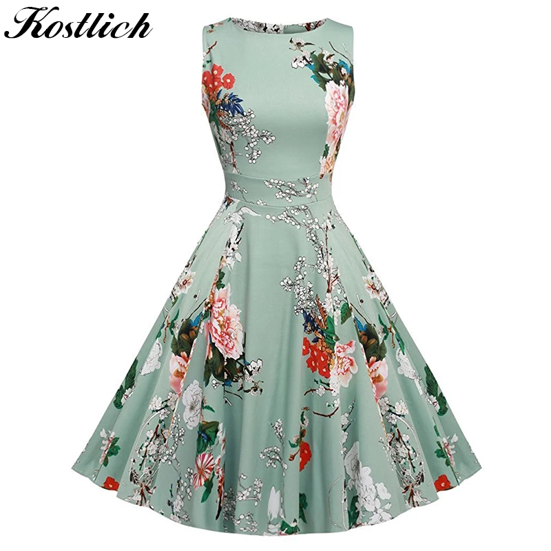 Kostlish Цветочный принт летом dress женщины 2017 рукавов туника 50s Vintage Dress пояс