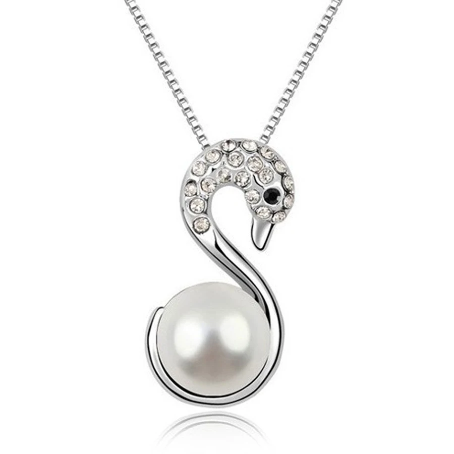 

silver plated 10mm necklace natural imitation pearl necklace pendant Jewelry wholesale+Beautiful swan