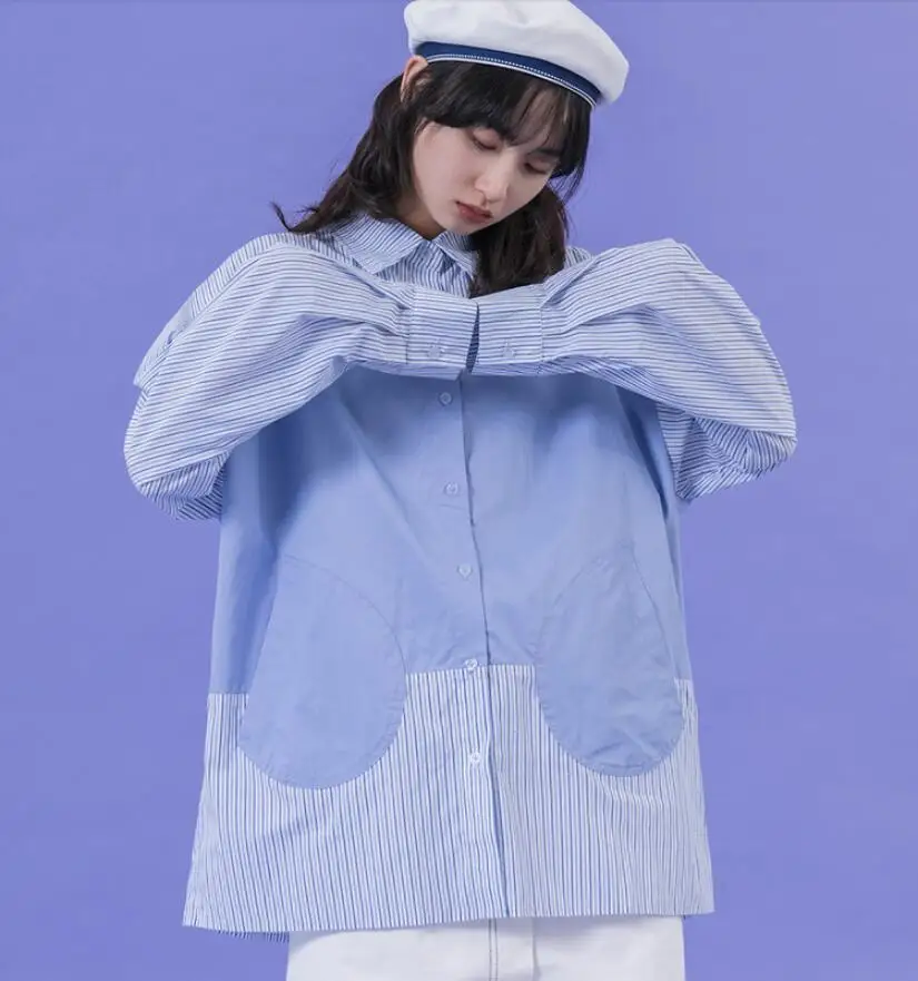 

2019 Spring Korean Fashion Ladies Tops Loose Stripe Long Sleeve BF Fresh Shirt Japanese Long Harajuku Women Blouse