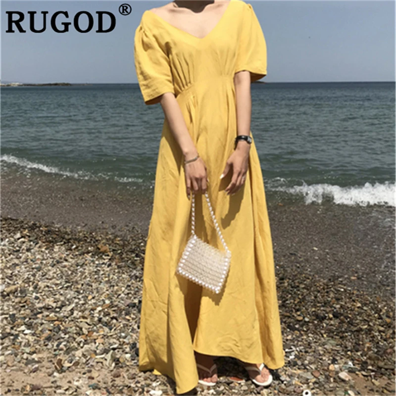 Женское платье RUGOD длинное пляжное с коротким рукавом и треугольным вырезом |