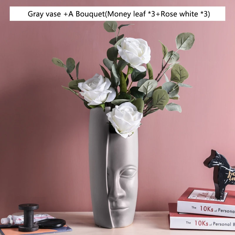 Gray(A bouquet) Художественная ваза в скандинавском стиле, керамическая ваза для цветочной композиции, винтажные вазы для искусственных цветов, керамическая ваза для абстрактного лица - Цвет: Gray(A bouquet)