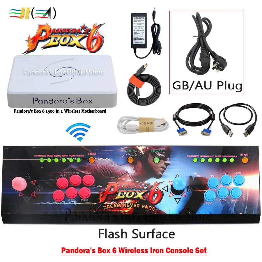 flash GB plug Pandora Box 6 1300 в 1 комплект беспроводной железной консоли 2 игрока джойстик кнопки контроллер может добавить 3000 игр fba mame ps1 3d игры - Цвет: flash GB plug