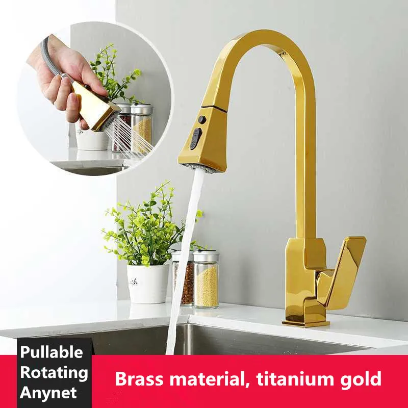 

Kitchen Sink Faucet Brass Hot & Cold Pull Out Spout Mixer Tap Single Handle Deck Mounted Rotating Gold/Chrome Kitchen Crane Tap