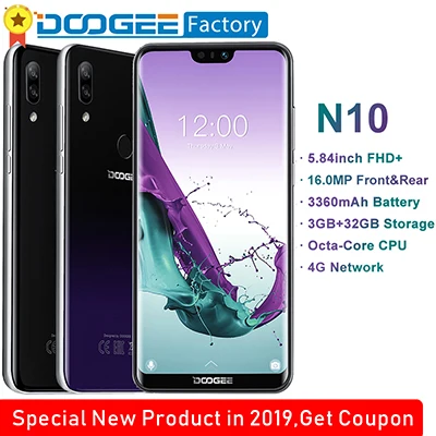 DOOGEE N10 Восьмиядерный 3 ГБ ОЗУ 32 Гб ПЗУ мобильный телефон 5,84 дюймов FHD+ 19:9 смартфон 16 МП камера 3360 мАч Android 8,1 4G LTE мобильный телефон