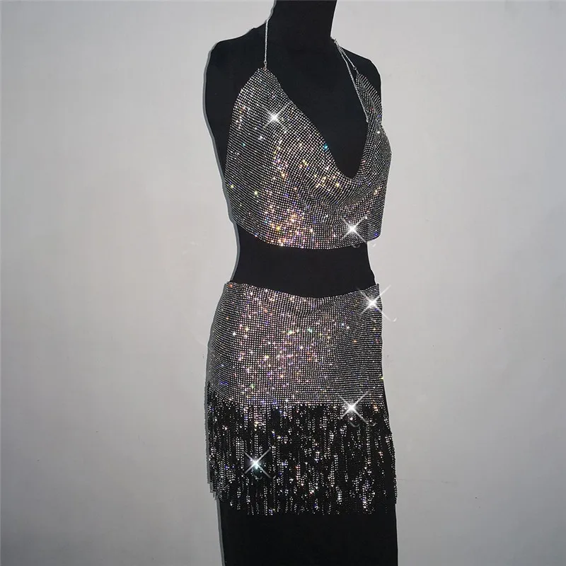 Женская юбка со стразами и металлической цепочкой открытая пляжная блестящим