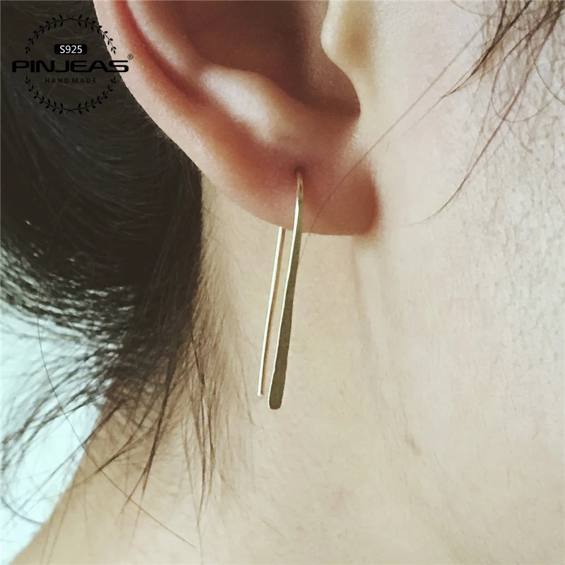 PINJEAS Open Handmade Modern Minimalist Lightweight Simple Wire wrap Long Sleek Delicate Elegant Stud Earrings Jewelry | Украшения и