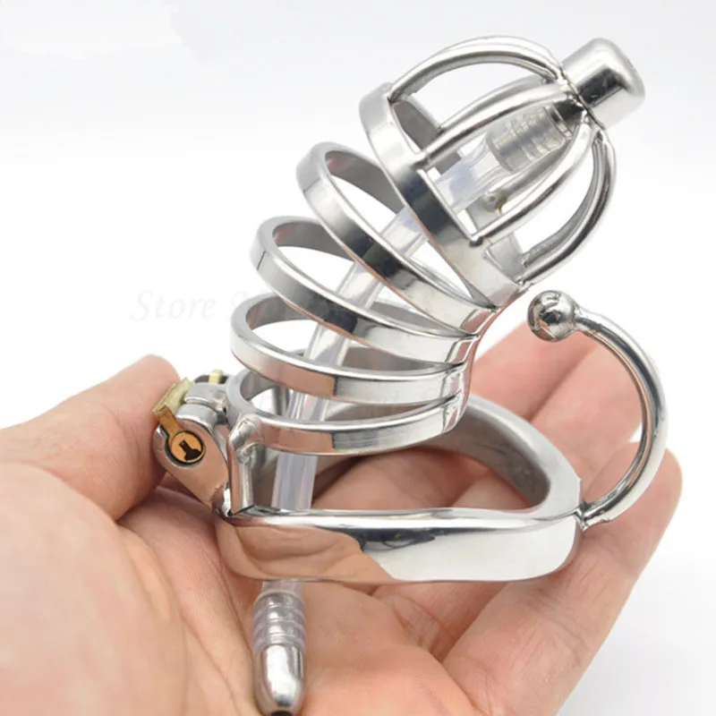 

New Stainless Steel Male Chastity Devices With Urethral Catheter,Long Cock Cage with Base Arc Ring ,Penis Rings,Sex Toys For Men