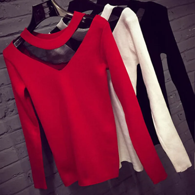 Женщины Топы Вязаный Футболку Femme О-Образным Вырезом С Длинным Рукавом