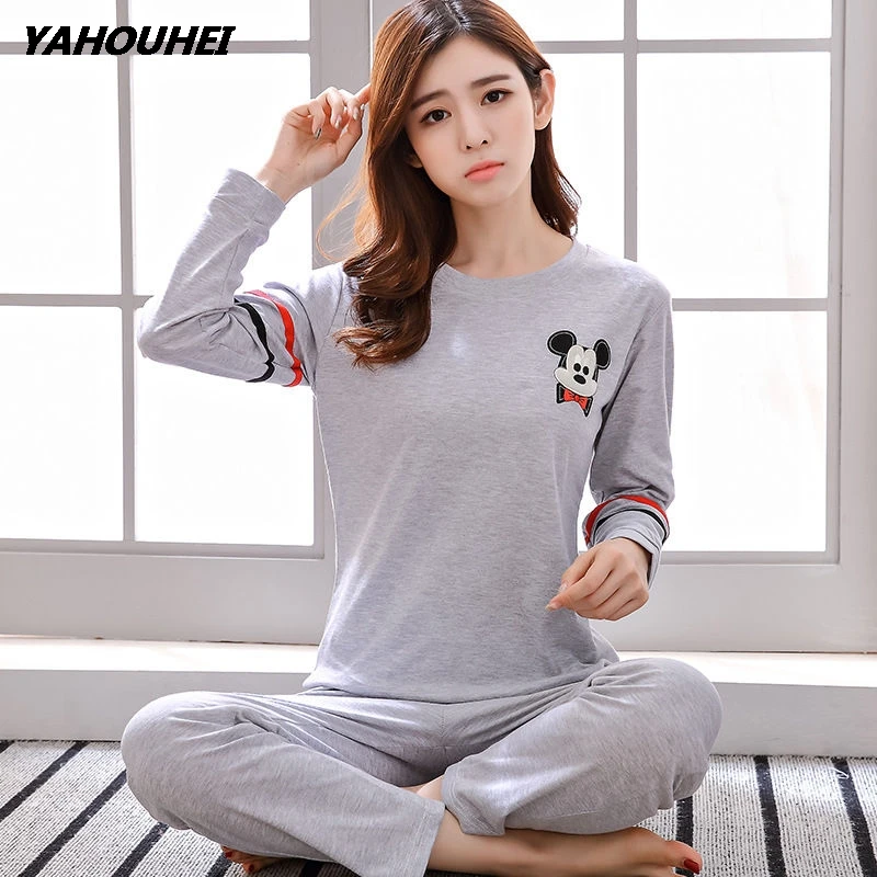 2duanmiqi gray Большие размеры, M-3XL, женские пижамные комплекты, хлопок, одежда для сна, весна-осень, пижамы с длинным рукавом, пижамный комплект с круглым вырезом, женские пижамы - Цвет: 2duanmiqi gray