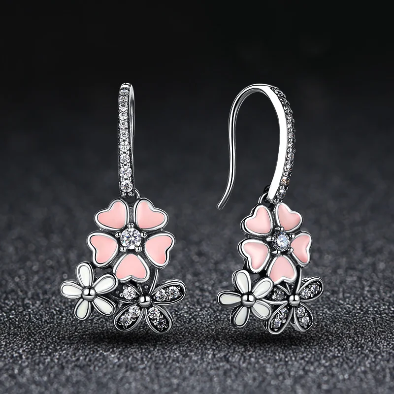 Серьги на крючках с розовым цветком "Поэтическая маргаритка" и вишневым цветком из настоящего серебра 925 пробы, женские украшения.