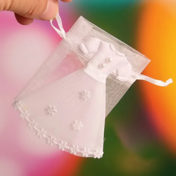 Baby Shower 7*9 см органза Сумки свадебное платье Дизайн конфеты пользу со шнурком 48