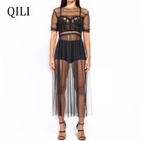 qili women voile dress o neck short sleeve see through mesh sexy dresses boho casual long dress plus size s 3xl