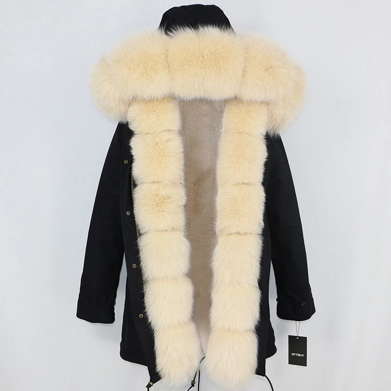 black beige OFTBUY длинная парка, пальто с натуральным мехом, зимняя куртка для женщин, Воротник из натурального Лисьего меха, Толстая теплая брендовая Роскошная Съемная уличная одежда - Цвет: black beige