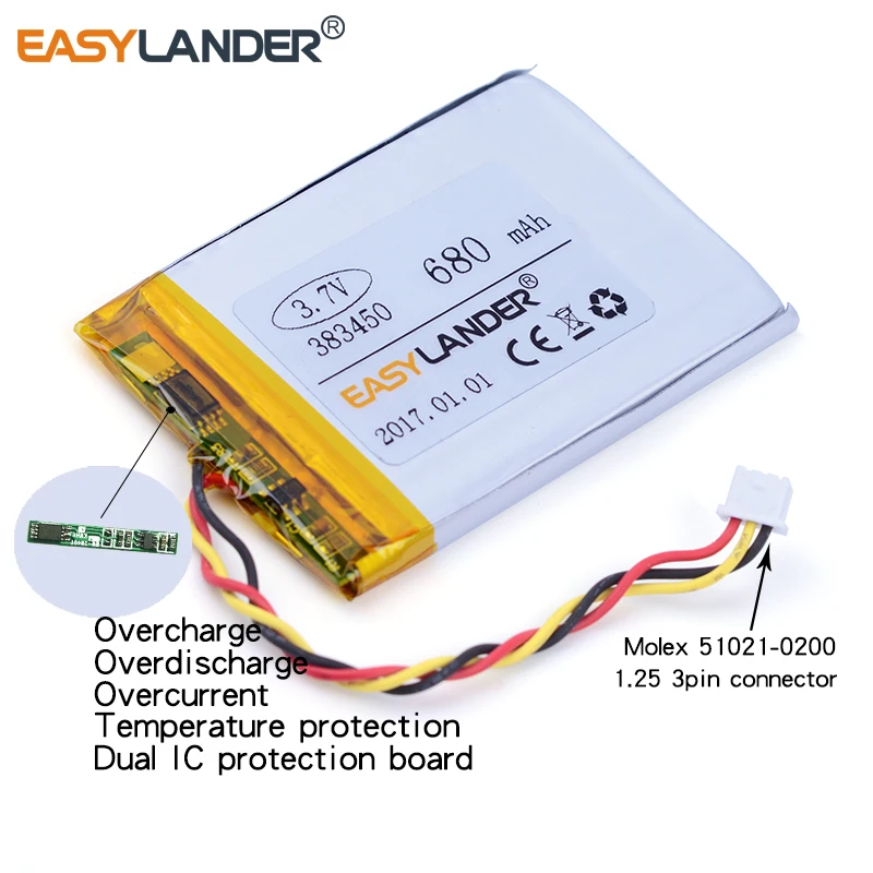 

3-wire 383450 3.7V 680mAh Li-Polymer Li-ion Battery For Traffic recorder electronic part DIY Streamer safety GPS MP4 MP3 DVR