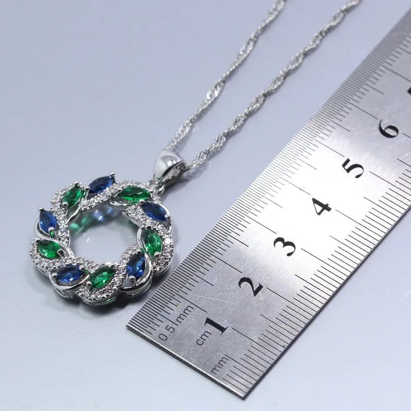 Полый голубой зеленый циркон серебряный цвет женский комплект ювелирных изделий