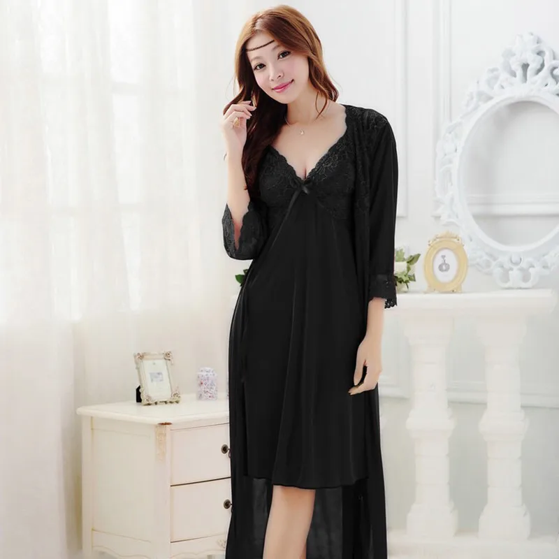 robe gownset black 2 шт., женский сексуальный Шелковый Атласный кружевной халат, комплект, халат с длинным рукавом, ночная рубашка, летняя Очаровательная одежда для сна, ночная рубашка для женщин - Цвет: robe gownset black