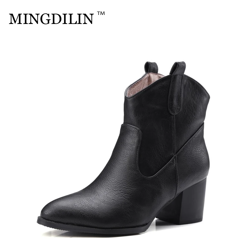 MINGDILIN Women Shoes Comfort Leisure Coarse Heel Sharp Head Large Size Warm Advanced PU European American style Short boots 47 | Обувь