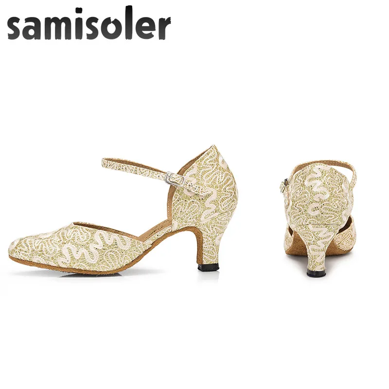 Samisoler Yellow/W New Cloth Collocation Shine Ribbons Ballroom Fashion Dance Women Latin Dance Competition Shoes