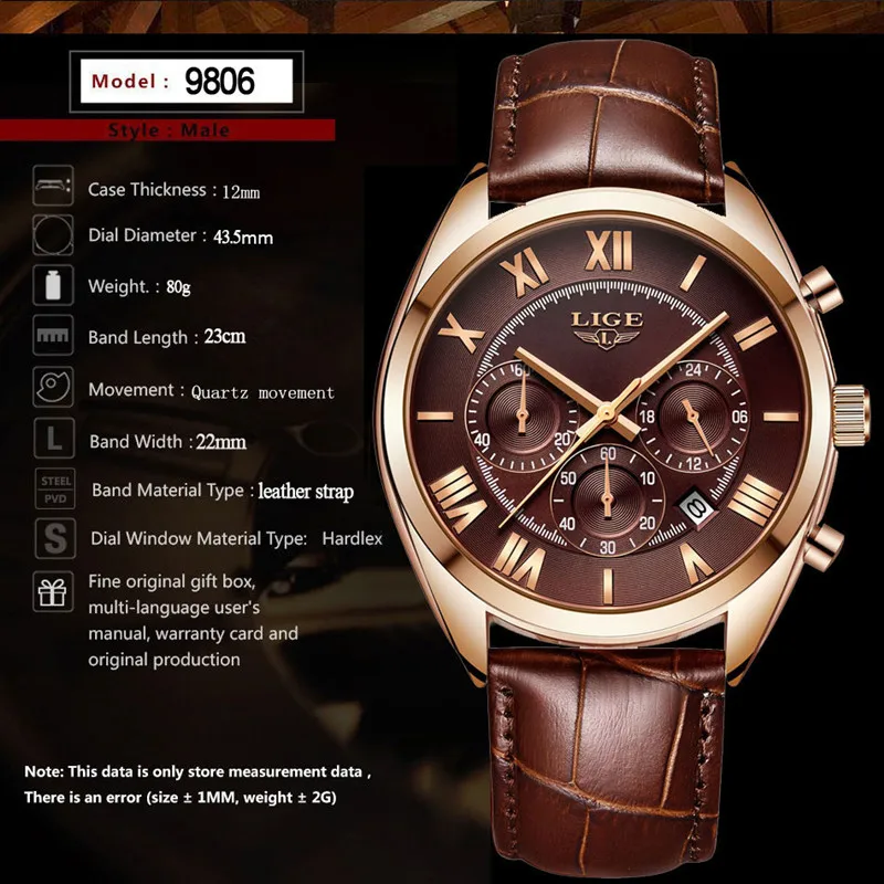 LIGE Fashion Sport Style Top Brand Luxury Quartz Watch Men Leather Brown Strap Waterproof Chronograph Dial reloj hombre | Наручные часы